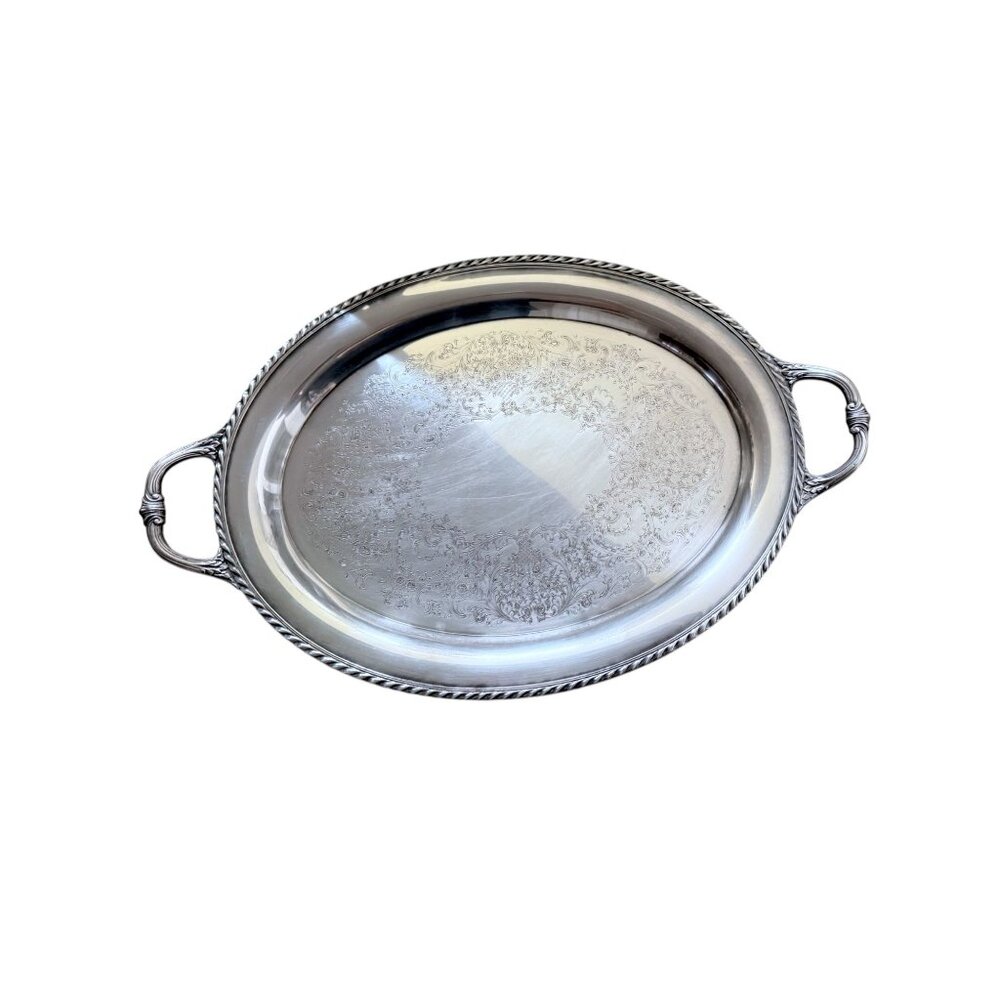 WM. Rogers Victorian Style Oval Silver Plated Serving Tray With Handles 23"x15"